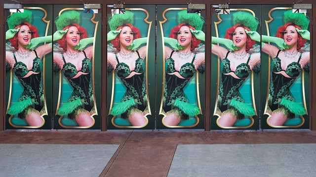Nevada USA September 4, 2021 Elegant posters cover the entrance doors to the famous Absinthe and Wicked Wanda show located on the forecourt of Caesars Palace Las Vegas