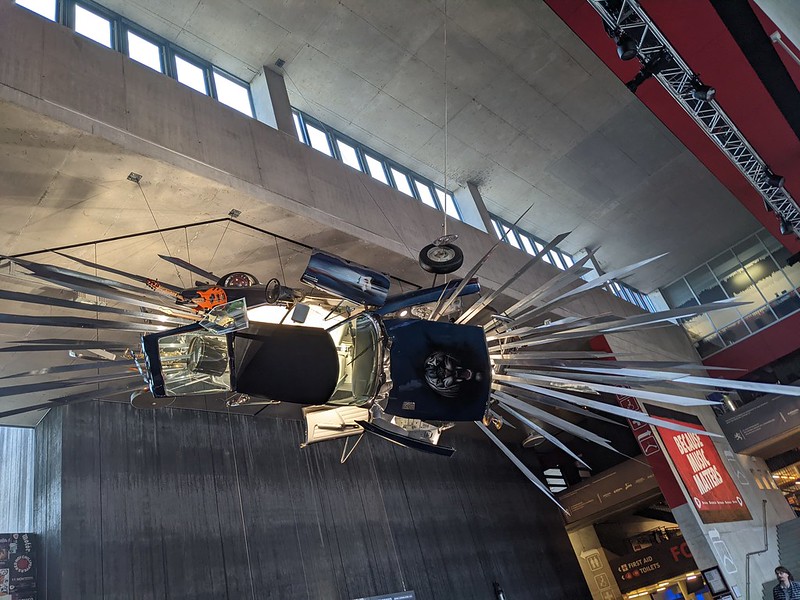 Futuristic heavy metal car sculpture hanging from the ceiling in the entrance hall to Rockhal.