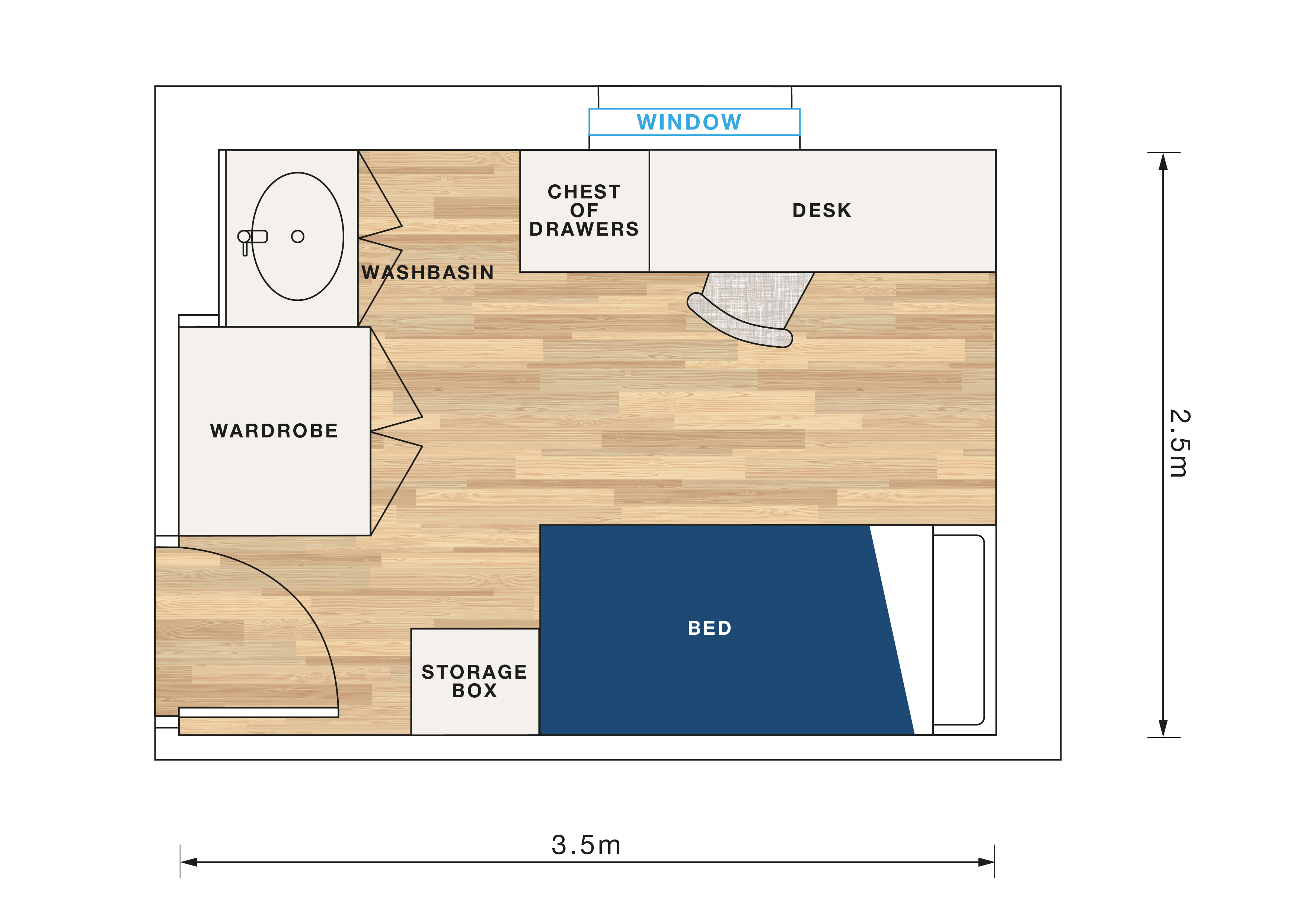 A floor plan for a standard bedroom in Eastwood Terrace with a washbasin