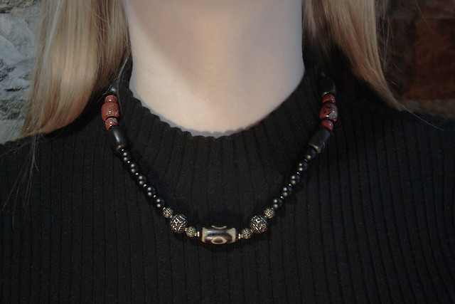 Karelian Shungite necklace with Red Jasper, cast brass beads and main Agate dZi bead 3 Eyes and Tiger Tooth