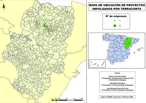 Mapa de ubicación de algunos proyectos impulsados por Terraconta. Nacho Pueyo