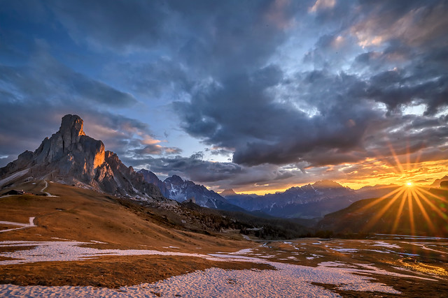 Sunrise over the Dolomites in the Passo Giau in northern Italy