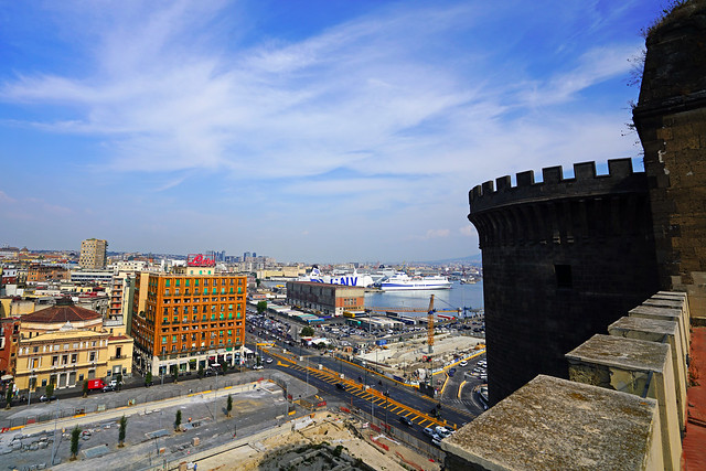 The port from Castel Nuovo, Naples, Italy