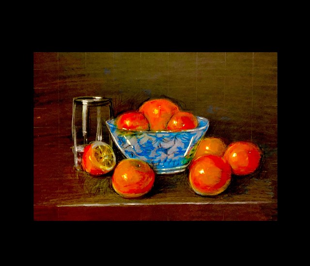 Still life by jmsw on black card. Coloured pencil drawing, highlights in Gouache.