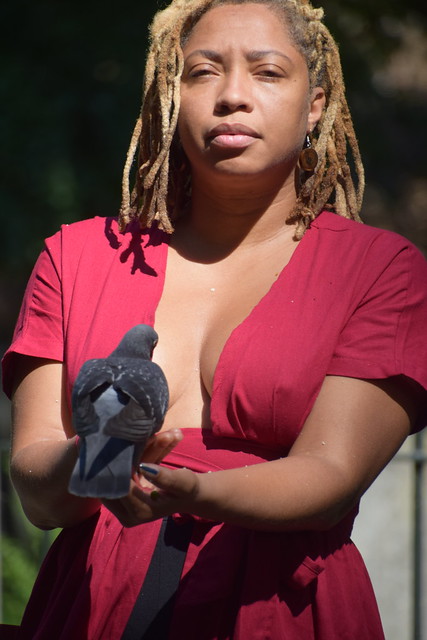DSC_2874 Alesha Jamaican Fashion Model in Red Dress on Location Feeding The Feral City Pigeons Bunhill Fields Nonconformist Dissidents Cemetery City Road Shoreditch London