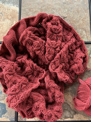 I am more than half finished the short row section on my Coterie Shawl by Jessica Ays!