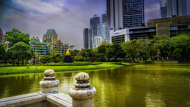 View of Marriott Marquis Queen's Park from Benchasiri Park, Bangkok, Thailand.  634-Edit-Edita