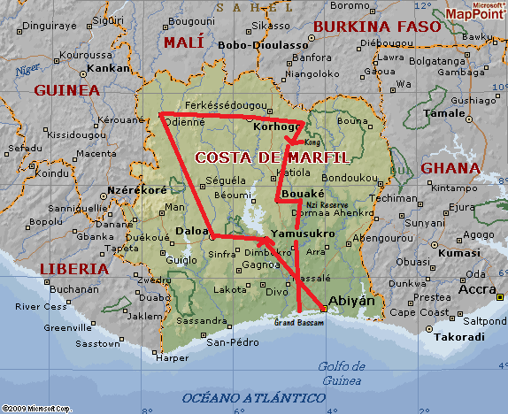 Mapa de Costa de Marfil con la ruta del viaje marcada en rojo