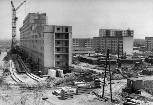 Halle Neustadt, 1960s. Showing the method of Plattenbau construction with a crane moving parallel to the building site on wheeled tracks.