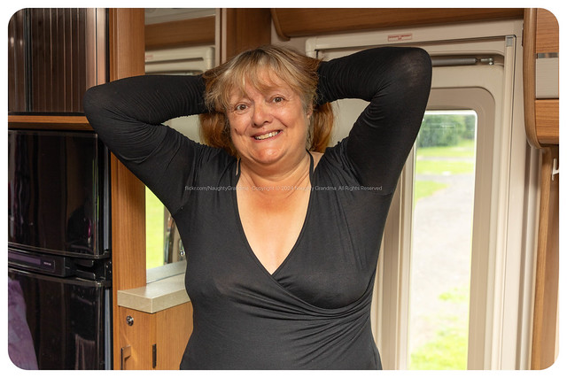 Naughty Grandma wearing a black top in the motorhome. Polite comments are welcome.