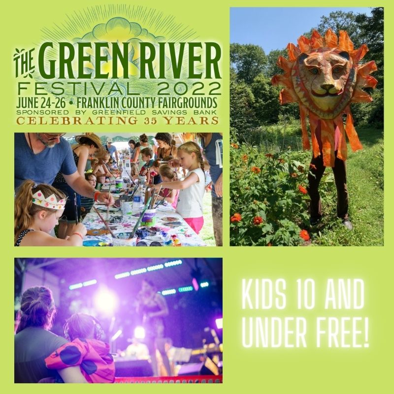 Green River Festival, Western Massachusetts' most family-friendly music festival, happens at The Franklin County Fairgrounds on June 24-26, 2022, in Greenfield, MA. Kids 10 and under are always free! In addition to an incredible lineup of music for adults featuring Father John Misty, Lake Street Dive, Guster, Galactic, and Waxahatchee, Green River Festival is packed with activities for children and families. Enjoy crafts and music at the Arts Garden tent and stage and explore Delilah, a life-size inflatable whale. Enjoy Flying High Frisbee Dogs, MuZen puppets, a Team BMX bike show, a games tent, and the not to be missed yearly Mardi Gras Parade. For a full lineup of family music and activities, visit www.greenriverfestival.com.