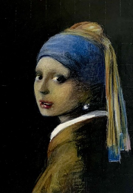 Last session. Study of a painting called, Girl with a Pearl earring by Johannes Vermeer, 1632-1675. Coloured pencil drawing by jmsw on black card highlights in Gouache.