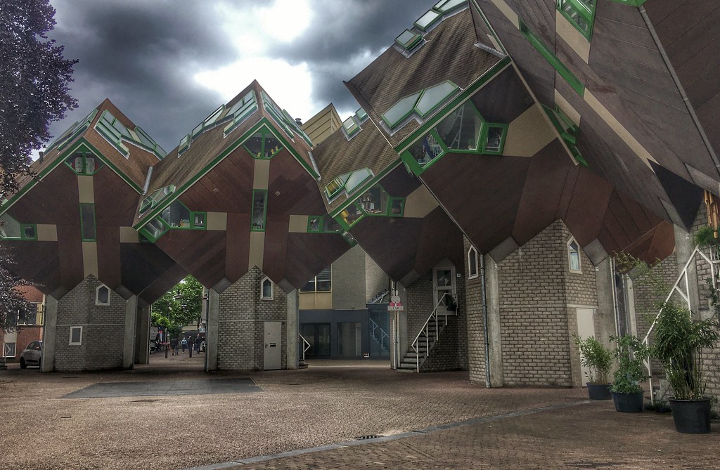 Cube houses in Helmond - Blockchain architecture in a cozy Dutch city on a spring day in may-