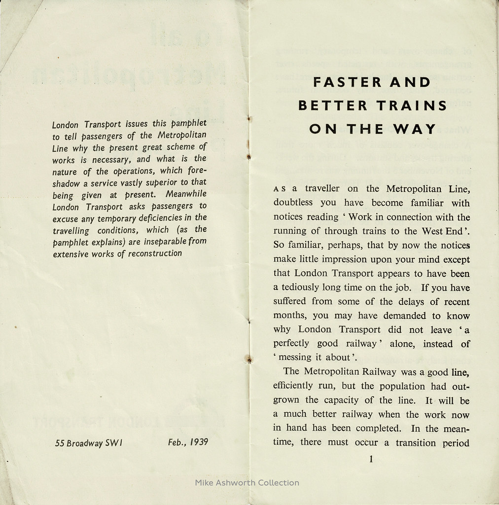 To all Metropolitan Line Passengers : phamplet issued by London Transport, February 1939 : foreword