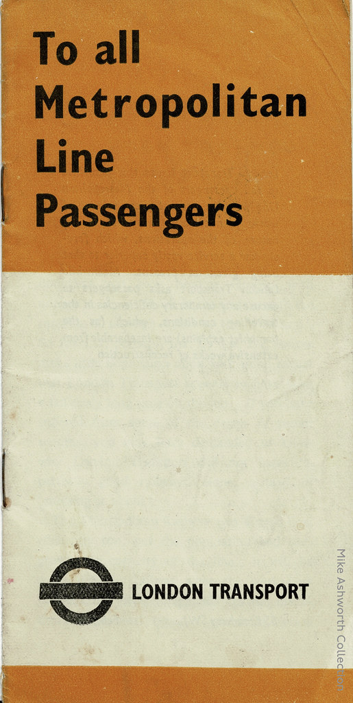 To all Metropolitan Line Passengers : phamplet issued by London Transport, January 1939 : cover