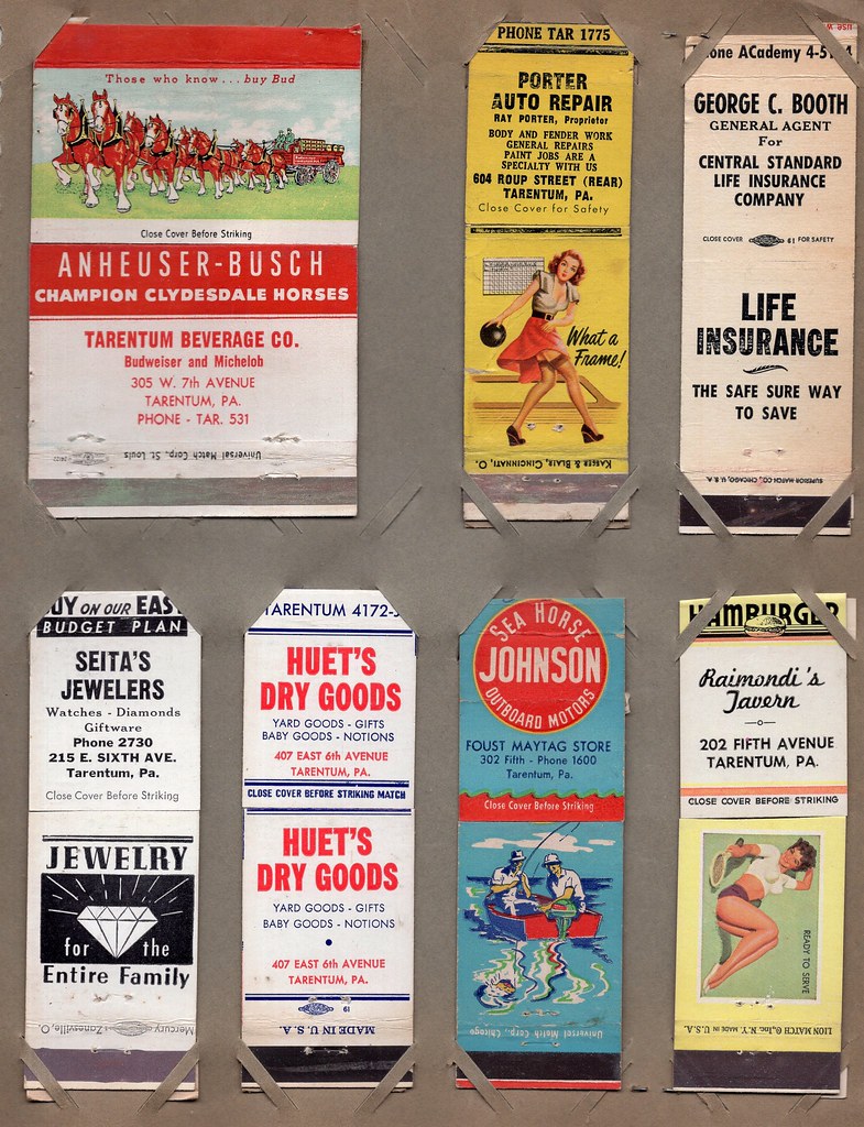 USA vintage matchbook covers circa 1955 featuring Budweiser Clydesdales and 'Seahorse' outboard motors - "Fine Equines"