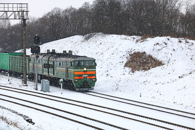 Тепловоз 2ТЭ10У-0081 с грузовым составом на перегоне Чепино/Витебск.