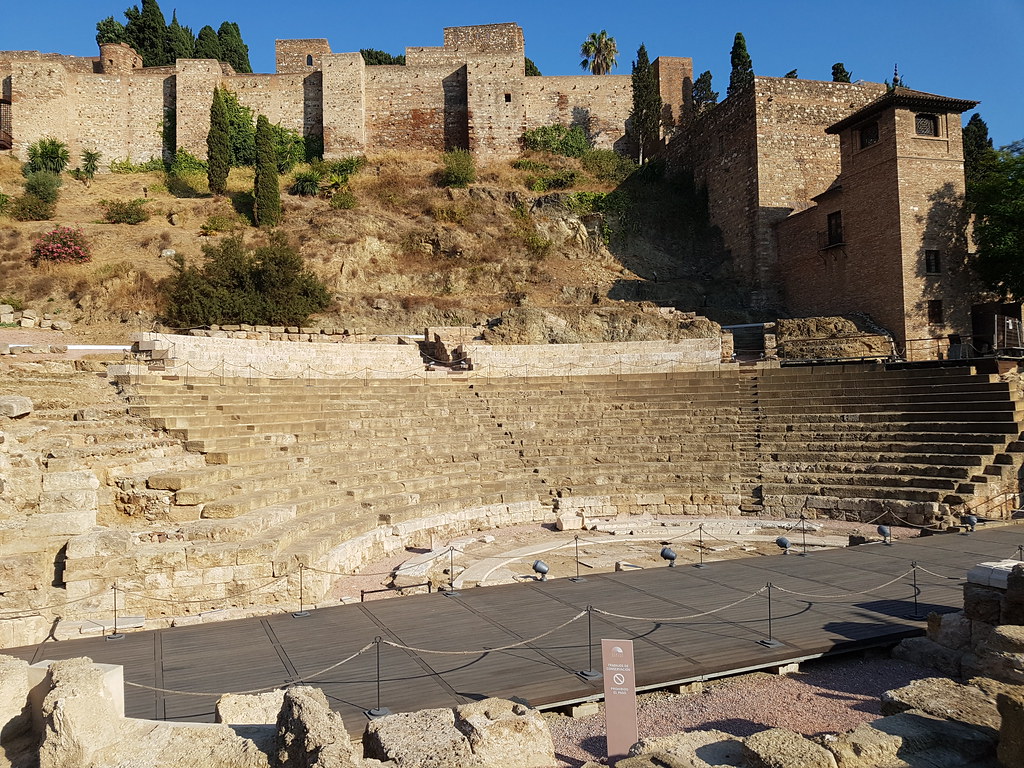 The Roman theatre with the walls of the Alcazaba above it.