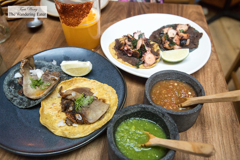 Tacos de Lengua (tongue) and tacos de pulpo al mojo de ajo