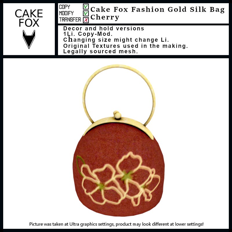 Vendor image of Cake Fox Fashion Gold Silk Bag Cherry. Red bag with round golden handle. Golden lotus decal. For the Silk Road kitsune game.