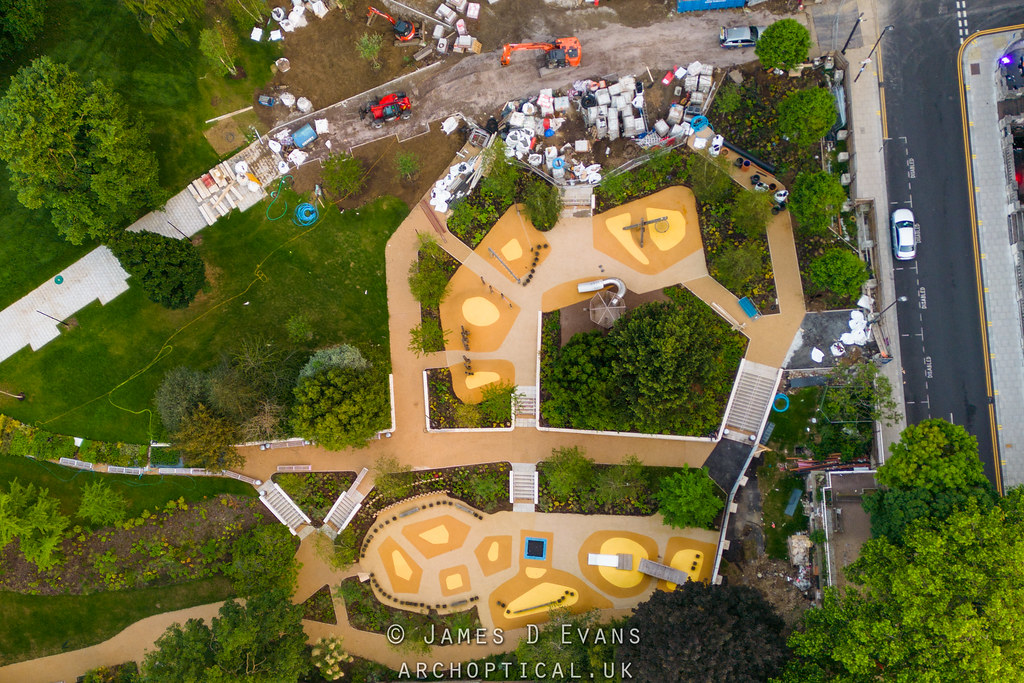 Aerial photograph of Queens' Quarter gardens in Croydon, taken June 2022