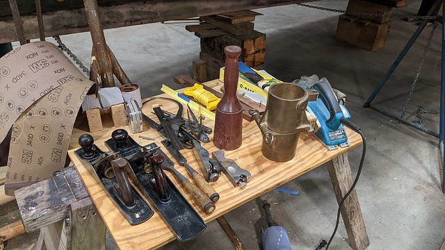 Port Townsend WA - Port Townsend Shipwright's Co-Op - Paul Stoffer's work area - wooden mallet - planes - calipers - chisels - electrical tools