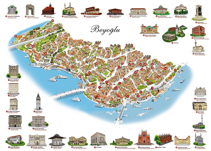 Карта района Бейоглу с достопримечательностями