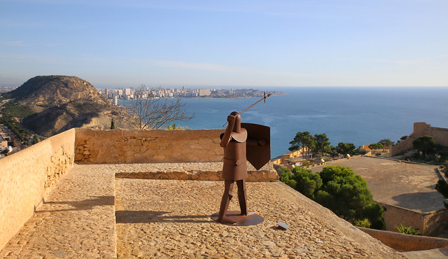 Iron Knight with a spear on the tower of the fortress of Santa Barbara