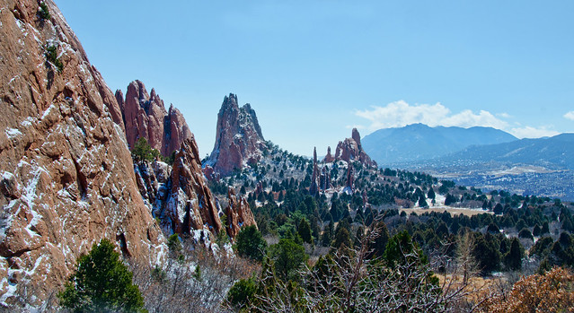 Spring snow on the red rocks at Garden of the Gods Park, Colorado