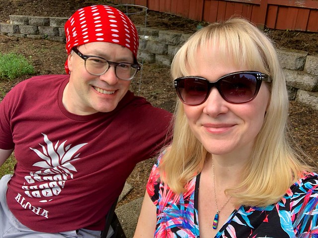 Mom and Dad at an Indian co-worker’s housewarming/house blessing party with a delicious lunch, mmmmmm. Head coverings were required to go inside the house, hence why @djmagicelf looks like a pirate.