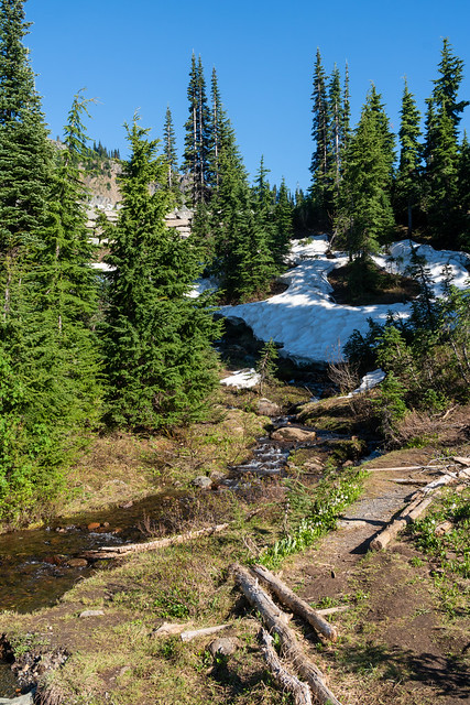 Remaining snow patches around the Tipsoo Lake trail in Mt Rainier National Park, Washington State