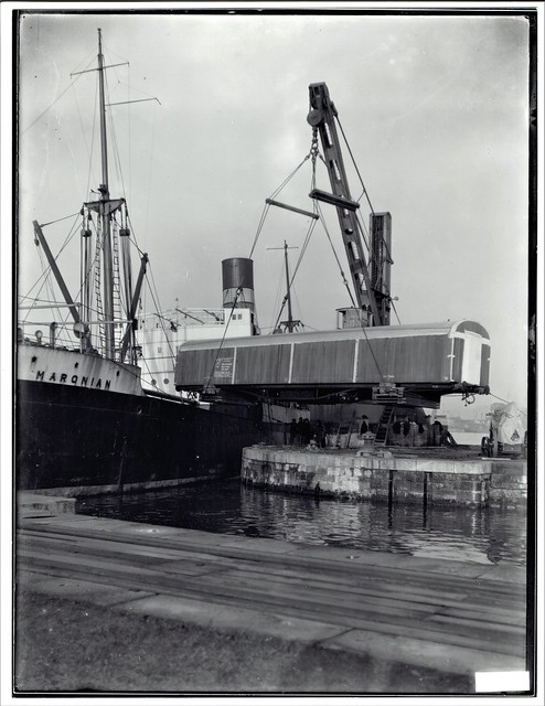 Palestine Railway - PR carriage being craned on to the MARONIAN at Newport Docks
