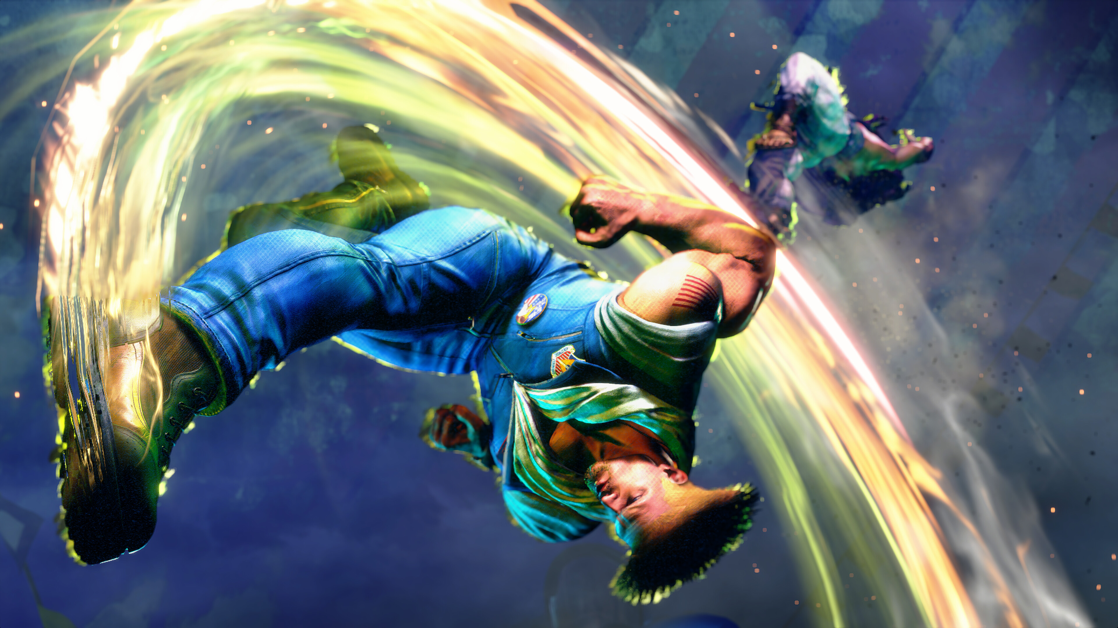 Guile launches Ryu into the air with a Sonic Kick in Street Fighter 6. 