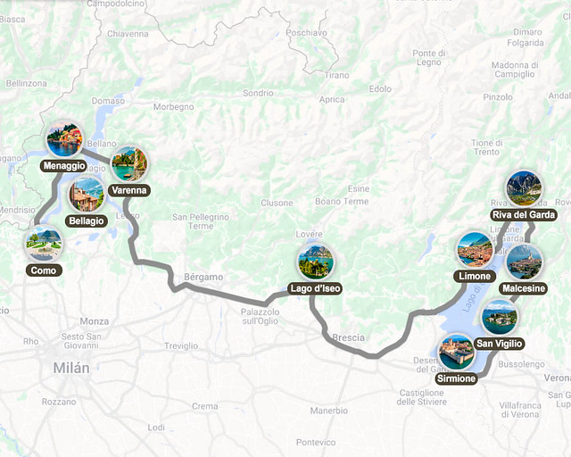 Mapa de ruta por los lagos de Italia en coche