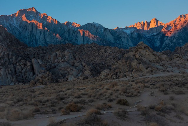 Sierra Sunrise - Mt. Whitney, California, to the right, Mt. Lone Pine to the left
