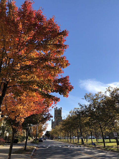 View to Cranston Street Armory, fall color on Dexter Street, Providence, Rhode Island