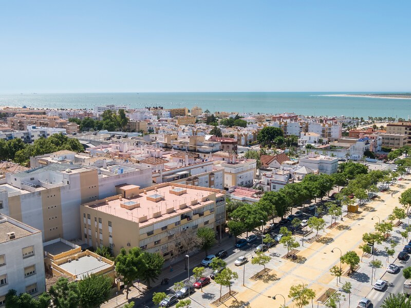 An aerial view of Sanlucar Barrameda and the sea front