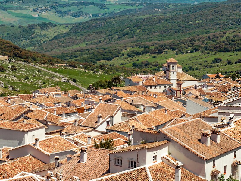 A view of the rooftops from Grazalema. Beyond them you can see the green scenery