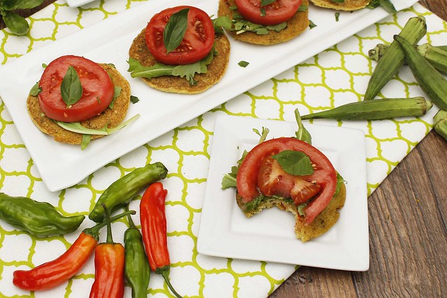 Okra Cornmeal Cakes with Fresh Tomatoes and Basil