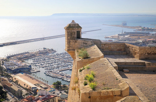 Guardhouse of Santa Bárbara Castle overlooking the marina of Alicante