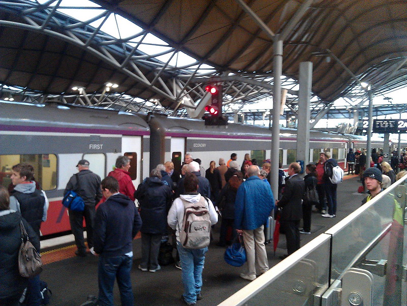 Crowds waiting to board a V/Line train at Southern Cross, June 2012