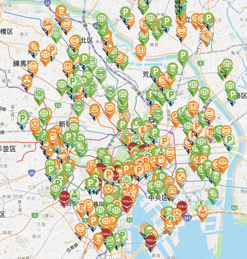東京都內的各式充電站分布圖。圖片來源：擷取自GOGOEV