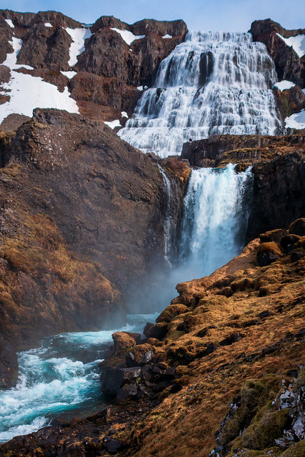 River Dynjandisá flows over cascade waterfall, Dynjandi, Westfjords, Iceland