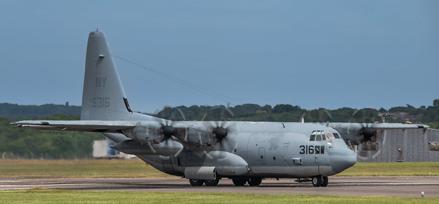 USMC VMGR-452 C-130T 165316/NY-316 taxiing in at Cardiff Airport, South Wales.