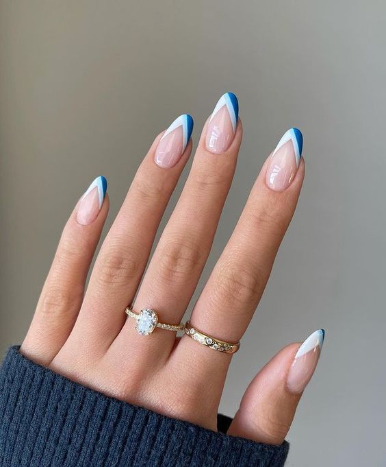 Blue & White V Shape French Tips | Bright Cute Summer Nails | Summer Nails 2022