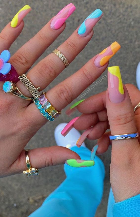 Multicolor Wavy Long Acrylic Nails | Bright Cute Summer Nails | Summer Nails 2022