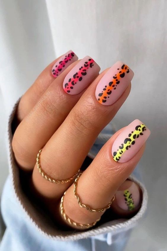 Rainbow Stripe Leopard Print Nails | Bright Cute Summer Nails | Summer Nails 2022