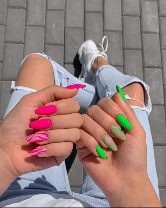Neon Pink and Green Nail Polish