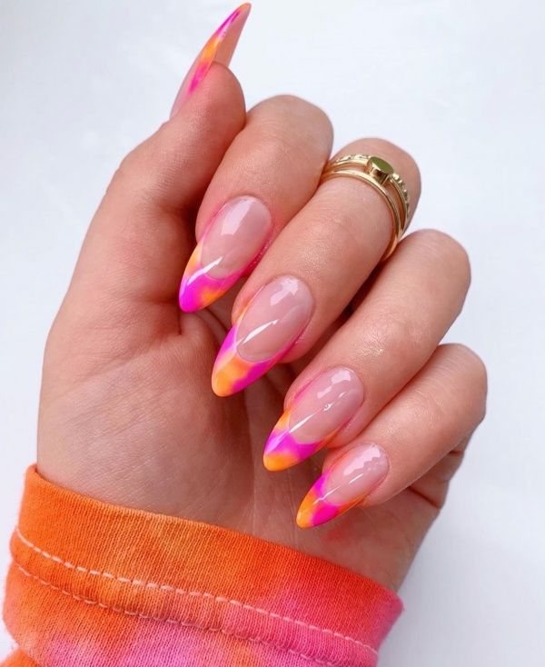 Pink & Orange Watercolor French Manicure | Bright Cute Summer Nails | Summer Nails 2022 | Long Nail Designs Pink