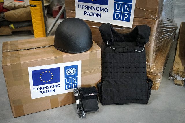 Emergency rescuers in war-torn eastern Ukraine receive shipments of new protective equipment